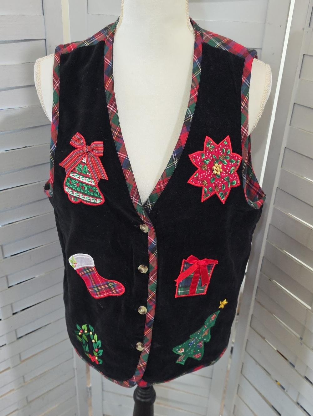 Victoria Jones Vintage Holiday Velvet Vest Black And Plaid Trim Size Medium